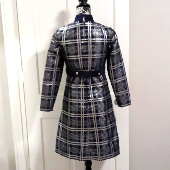 💙VTG 1960s Oscar de la Renta💙 - Navy Silk & Silver Metallic Plaid Mod D - Picture 2 of 16